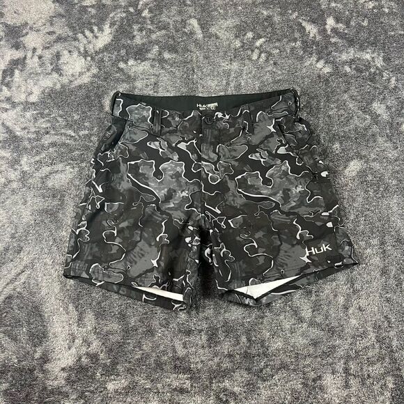 Huk Fishing Shorts Lowcountry Camo 6" Inseam Gray Black Men's M Hybrid - Picture 1 of 10
